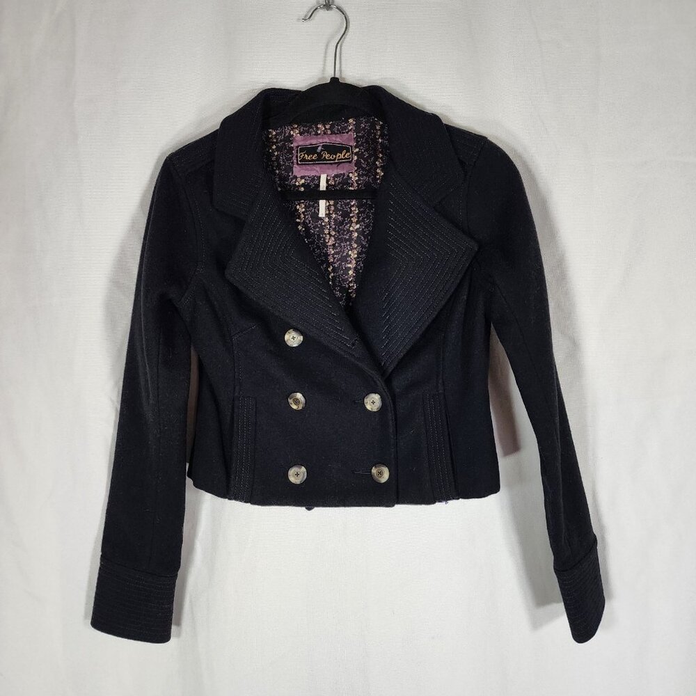 Free People Women's Coat Wool Blend Jacket Sz S Cropped Military Black Boho